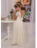 Beige Lace Organza Corset Back Floor Length Flower Girl Dress